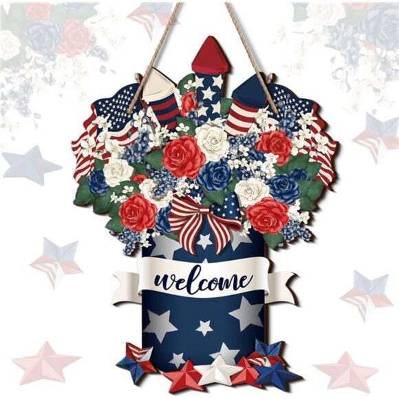 4th of July Decorations Patriotic Door Sign Wooden Red White Blue